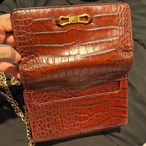 Vintage Liz Claiborne Brown Croc print Leather purse w/gold detachable Chain - Picture 8 of 16